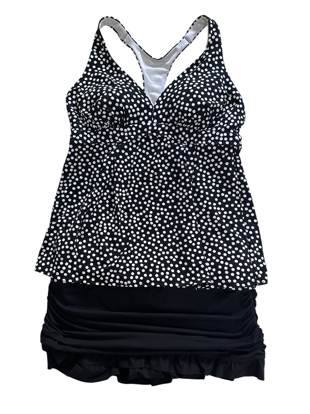 Lands' End Black & White Polka Dot Swim Tankini and Ruffle Swim Skirt Skort 12